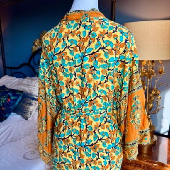 Yellow Orange and Blue Floral Boho 100% Cotton Kimono Robe - Picture 5 of 13